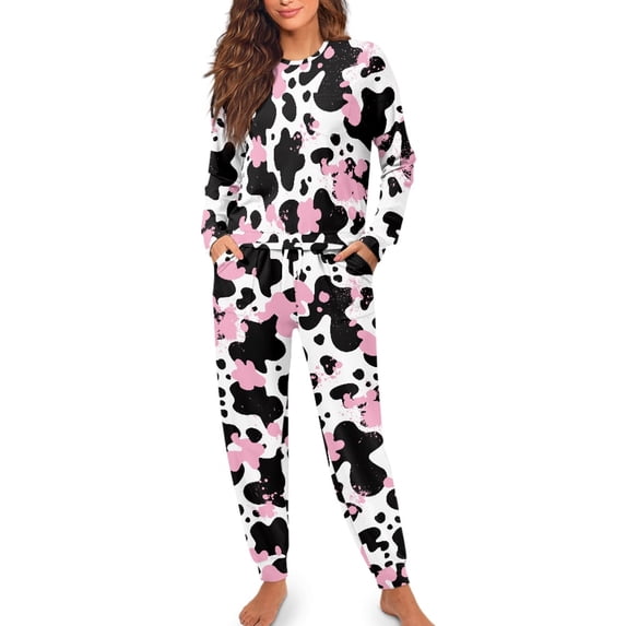 Kuiaobaty Woman House Wear Sets, Pink Cow Print Long Sleeve Ladies Lounge Set Jogger Pants Polyester Fabric Nightwear for Loungewear Sleepwear, Size 2XL