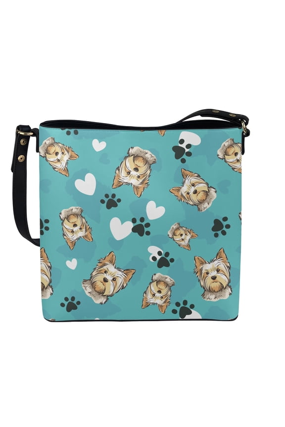 Yorkshire Terrier Print Bucket Crossbody Bag for Women, Cute Paw Print Vegan Leather Bucket Tote Bag with Adjustable Strap, Large Capacity Hobo Satchel Purse Crossbody for Travel