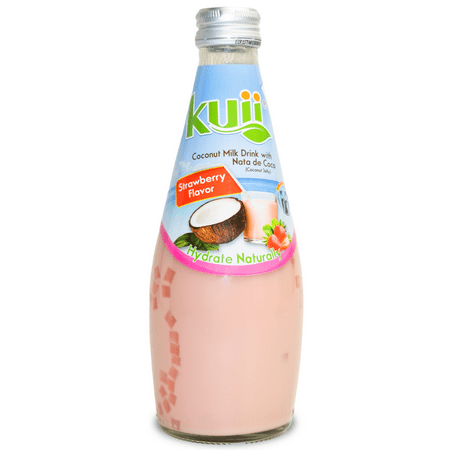 Kuii Drinks Coconut Milk with Nata de Coco, Strawberry, 290 mL Single Glass Bottle