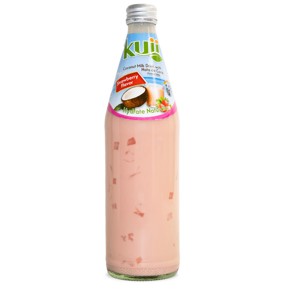 Kuii Drinks Coconut Milk with Nata de Coco, Strawberry, 485 mL Single Glass Bottle