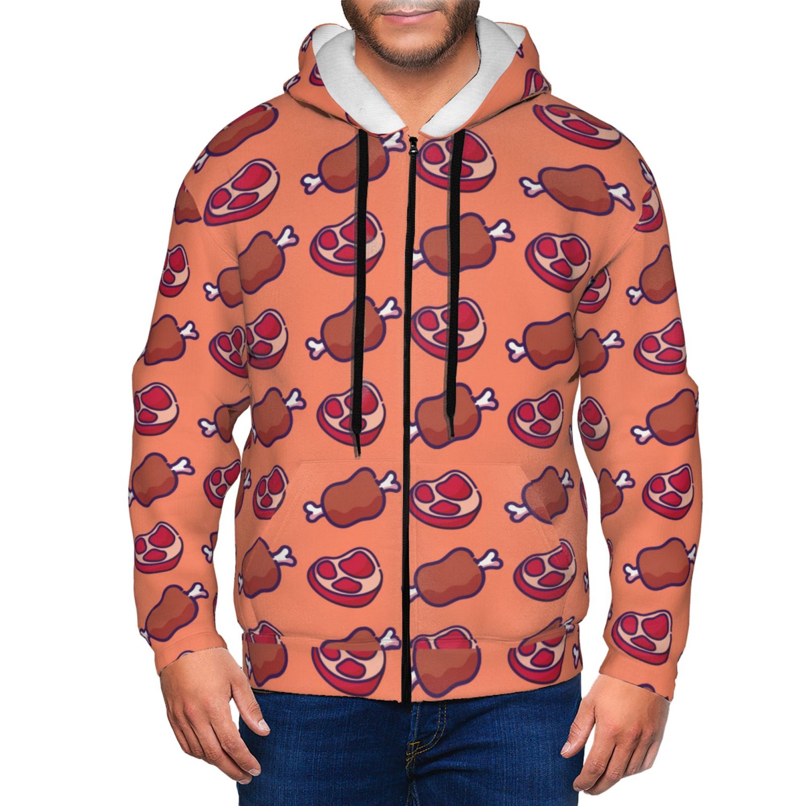 Kuilepa Cartoon Meat Pattern Mens Full Zip Hoodie Men s Hooded Sweatshirt With Zipper Long Sleeve Sports Hooded Jacket 3X Large Walmart