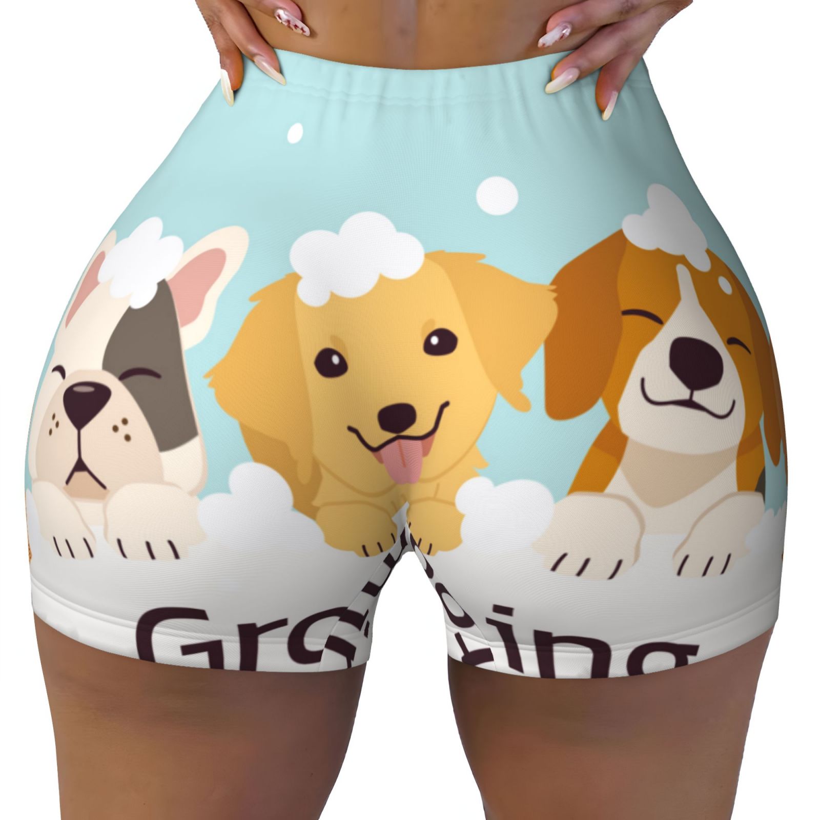 Kuilepa Cute Dog In Bathtub1 Print Women's High Waist Workout Shorts