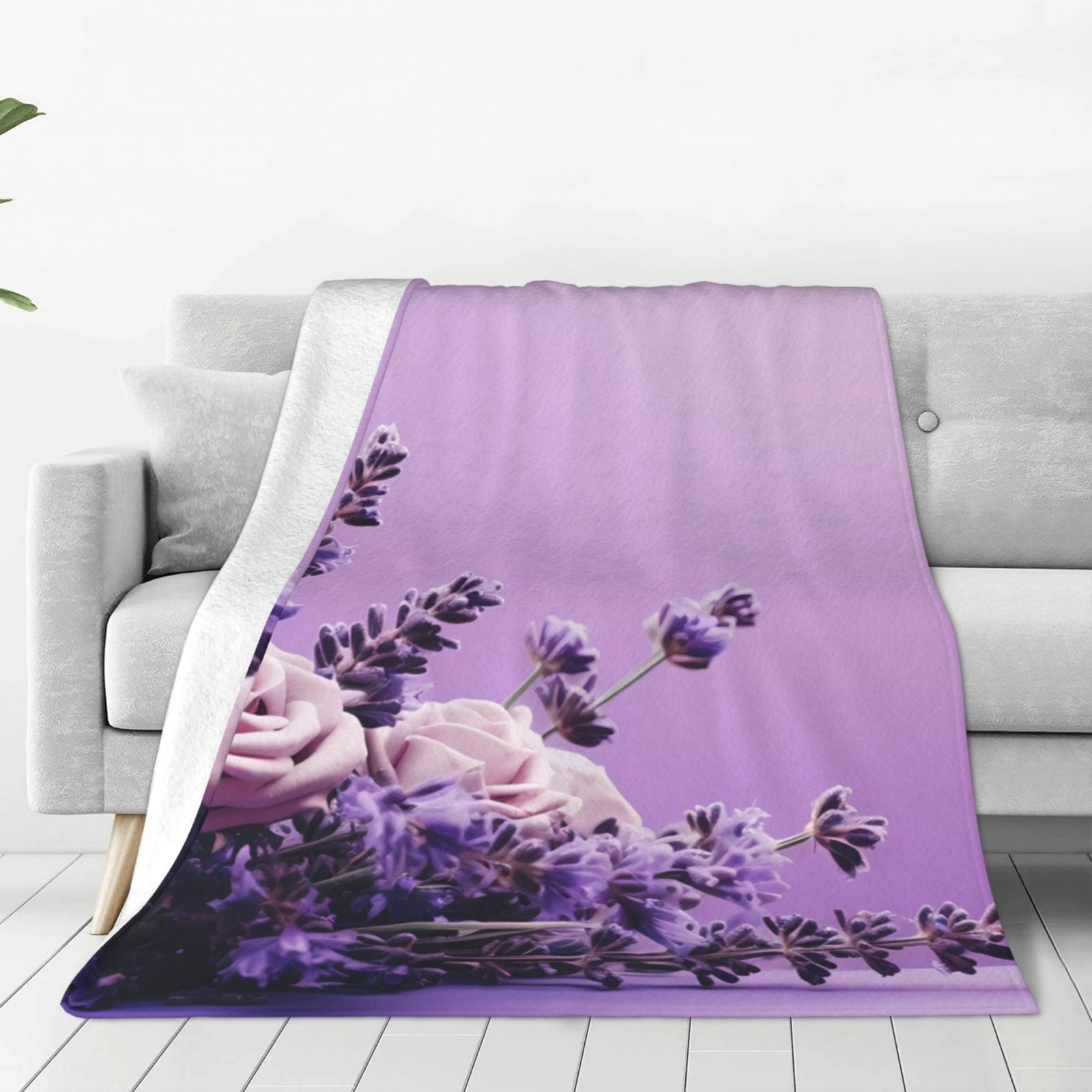 Kuilepa Lavender Roses Arrangement Print Flannel Fleece Blanket Throw