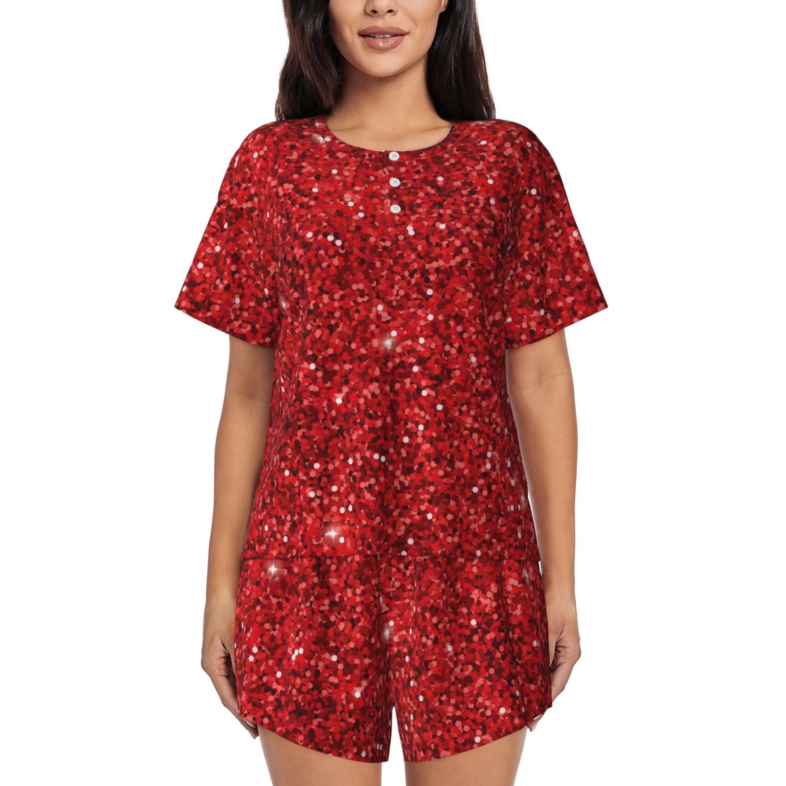 Kuilepa Red Glitter Print Women's Pajamas Set,Short Sleeve Sleepwear
