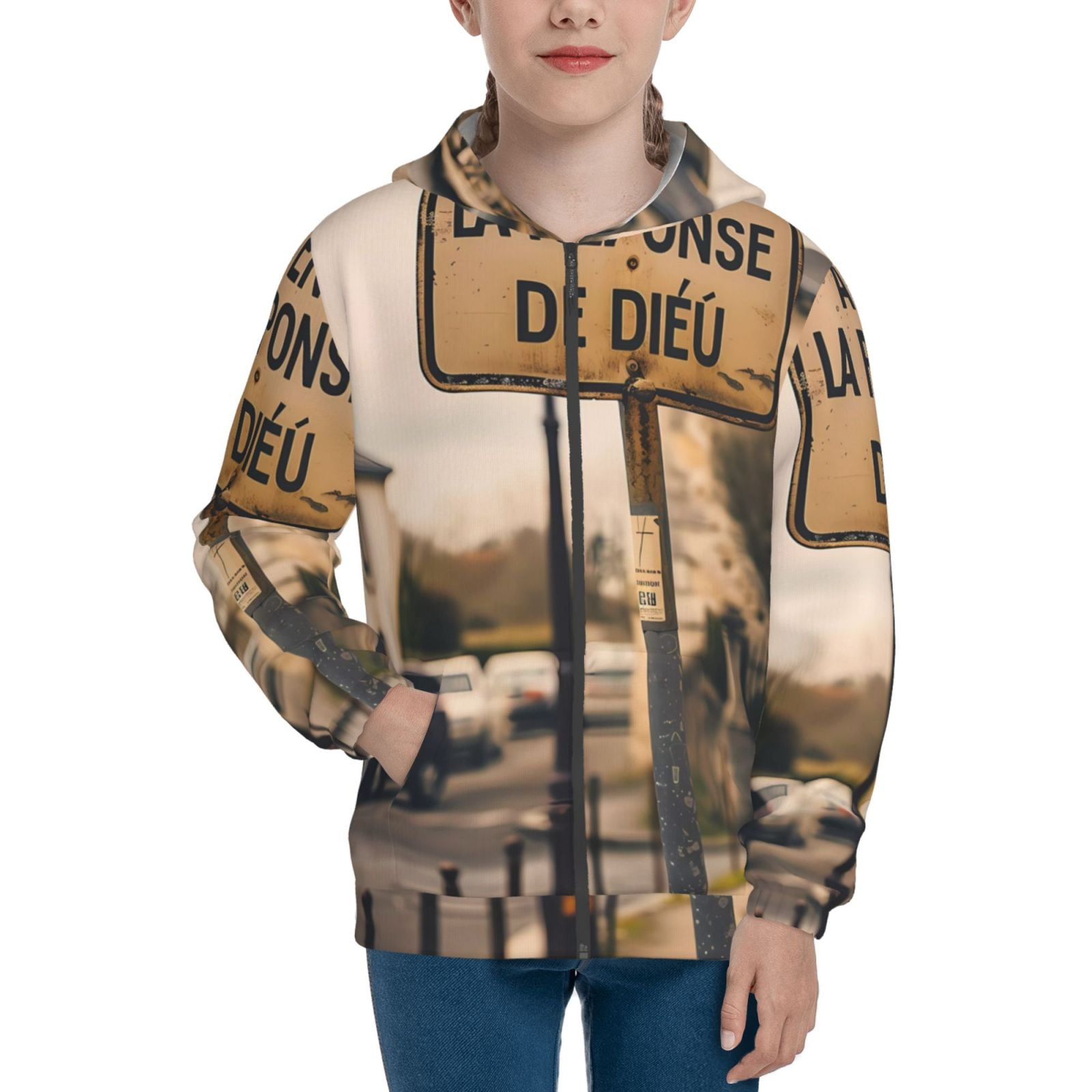 Kuilepa Rustic French Signpost Print Zip Up Hoodies for Teen Girls Boys