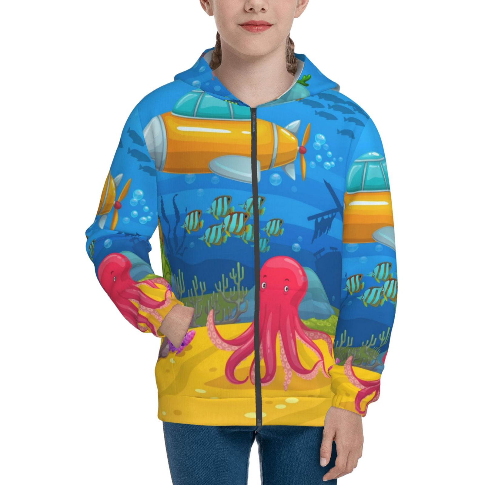Kuilepa Submarine And Landscape Print Zip Up Hoodies for Teen Girls
