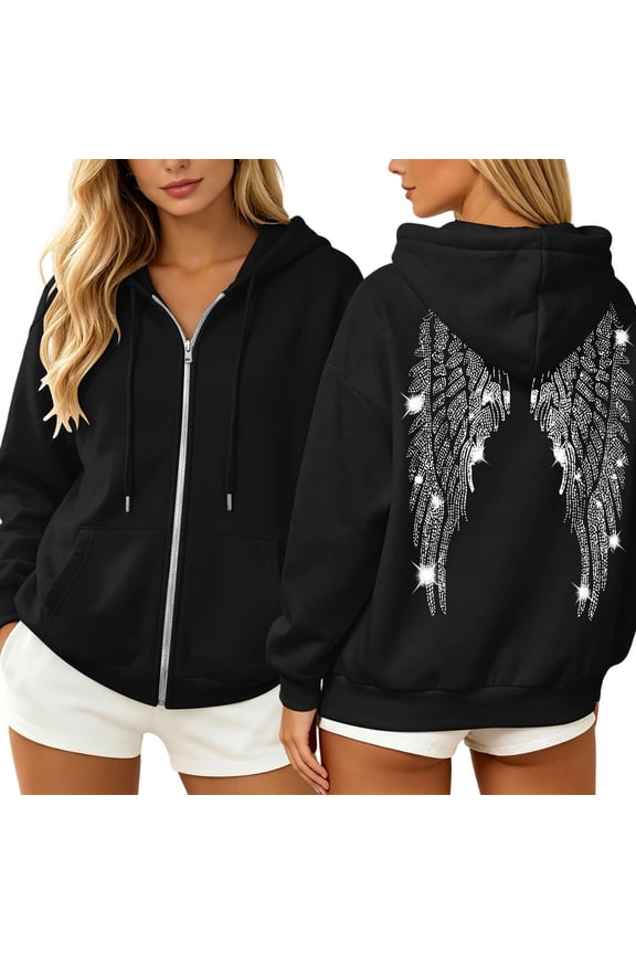 s Women's Zip Up Hooded Jacket Rhinestone Angel Wing Back Graphic Solid Color Long Sleeve Loose Casual Outerwear