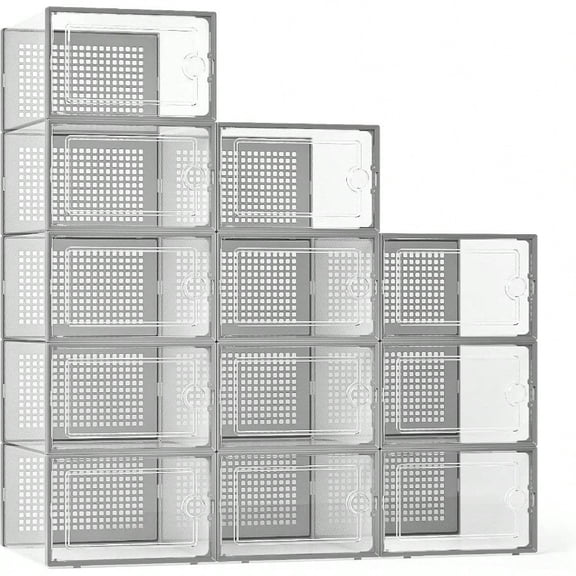 Kuject X-Large Shoe Storage Boxes Organizers Clear Plastic Stackable 12 Pack Shoe Rack Holder Substitute Sneaker Containers Toy Storage Organizer Bins for Entryway Closet Under Bed Grey