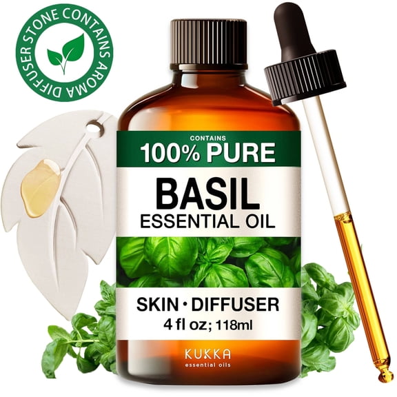 Kukka Basil Essential Oil with Aromatherapy Stone - 100% Pure Plant-Powered for Diffuser, Aromatherapy, Massage & DIY Crafts - 4 fl oz