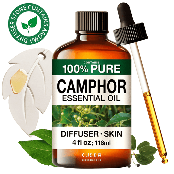 Kukka Camphor Essential Oil with Aromatherapy Stone - 100% Pure Crisp Invigorating Scent for Massage, Diffuser, Skincare & Home Cleaning - 4 fl oz