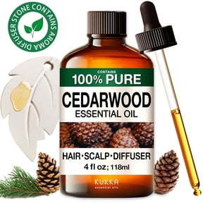 Kukka Cedarwood Essential Oil with Aromatherapy Stone - 100% Pure Calming Woody Scent for Diffuser, DIY, Cleaning, Hair & Skin - 4 fl oz