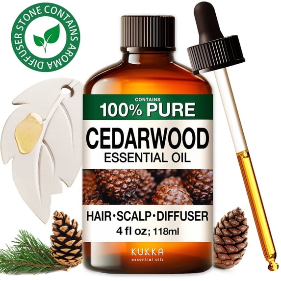 Kukka Cedarwood Essential Oil with Aromatherapy Stone - 100% Pure Calming Woody Scent for Diffuser, DIY, Cleaning, Hair & Skin - 4 fl oz