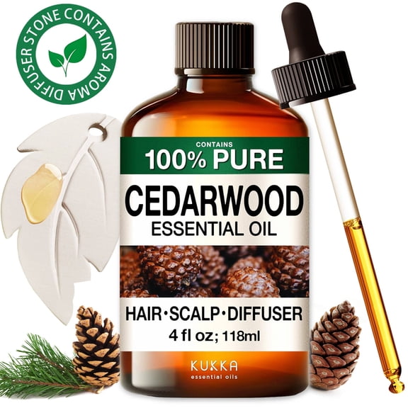 Kukka Cedarwood Essential Oil with Aromatherapy Stone - 100% Pure Calming Woody Scent for Diffuser, DIY, Cleaning, Hair & Skin - 4 fl oz