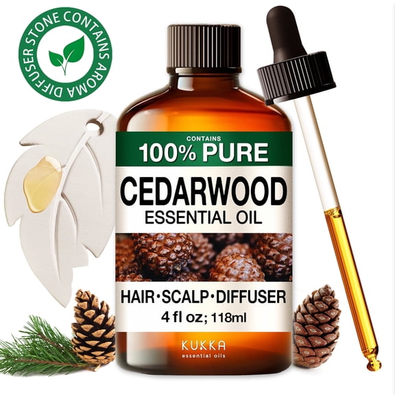 Kukka Cedarwood Essential Oil with Aromatherapy Stone - 100% Pure Calming Woody Scent for Diffuser, DIY, Cleaning, Hair & Skin - 4 fl oz