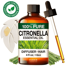 Kukka Citronella Essential Oil with Aromatherapy Stone - 100% Pure Citrusy Scent for Diffuser, DIY & Natural Cleaning - 4 fl oz