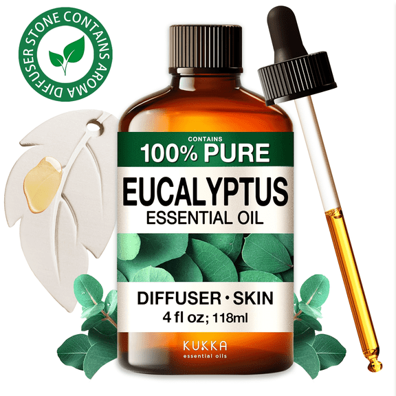Kukka Eucalyptus Essential Oil with Aromatherapy Stone - 100% Pure Plant-Powered for Diffuser, Skincare, Hair Care & DIY - 4 fl oz