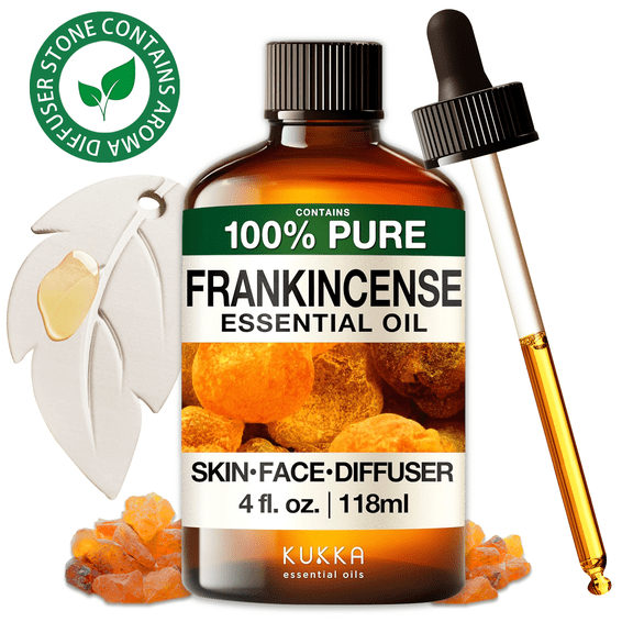 Kukka Frankincense Essential Oil with Aromatherapy Stone - 100% Pure Plant-Powered for Massage, Skincare, Diffuser & DIY - 4 Fl Oz