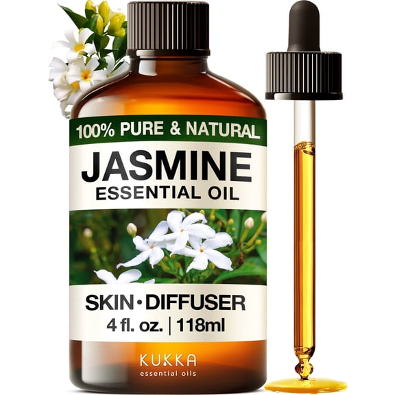 Kukka Jasmine Essential Oil for Diffuser - 4 Fl Oz - 100% Pure Natural Jasmine Oil for Skin, Hair & DIY Soap Making Scents - A Great Relaxing Floral Addition for Hair Care & Perfume