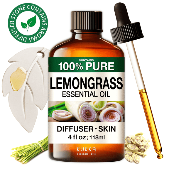 Kukka Lemongrass Essential Oil with Aromatherapy Stone - 100% Pure Fresh Exotic Scent for Diffuser, Skincare, Blends with Eucalyptus/Peppermint - 4 fl oz