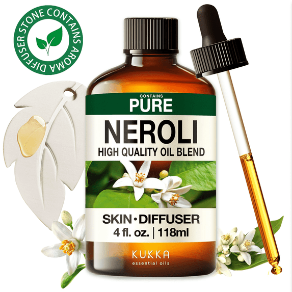 Kukka Neroli Essential Oil with Aromatherapy Stone - 100% Pure Egyptian Floral-Citrus for Diffuser, Skincare, DIY & Blends - 4 fl oz