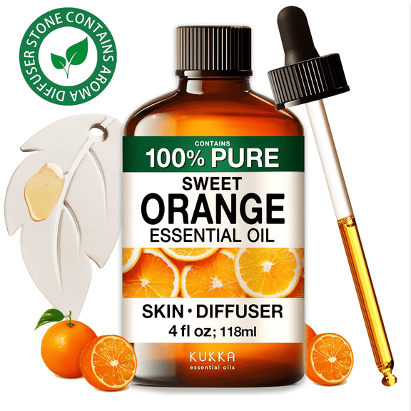 Kukka Orange Essential Oil with Aromatherapy Stone - 100% Pure Zesty Citrus for Diffuser, Skincare, DIY & Outdoor Sprays - 4 fl oz