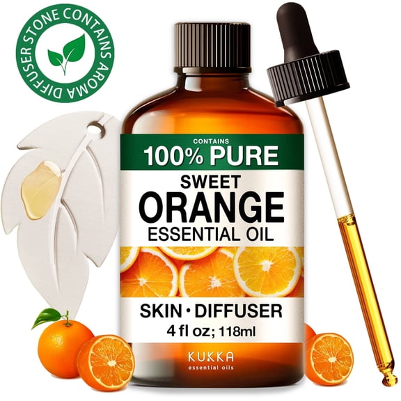 Kukka Orange Essential Oil with Aromatherapy Stone - 100% Pure Zesty Citrus for Diffuser, Skincare, DIY & Outdoor Sprays - 4 fl oz