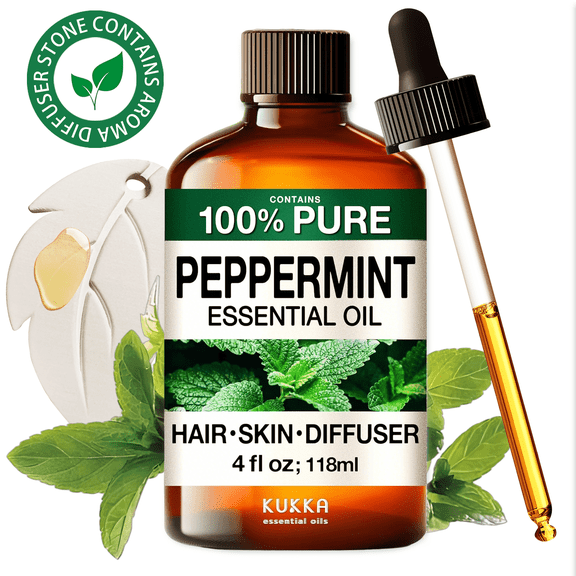 Kukka Peppermint Essential Oil with Aromatherapy Stone - 100% Pure Crisp Mint Scent for Diffuser, Hair Care, Skincare, DIY & Home Freshness - 4 fl oz
