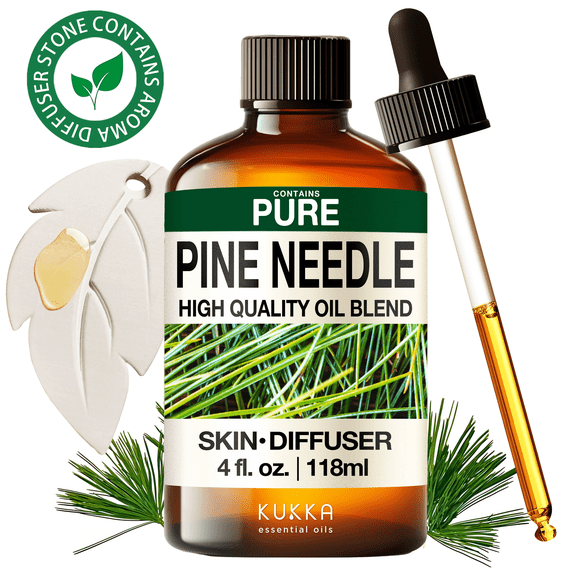 Kukka Pine Needle Essential Oil with Aromatherapy Stone - 100% Pure Fall-Ready Forest-Fresh Scent for Diffuser, Home Deodorizing, Bath & DIY - 4 fl oz