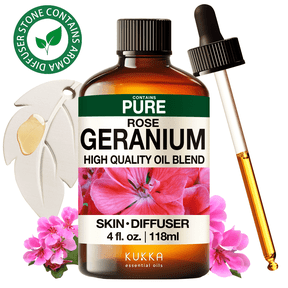 Kukka Rose Geranium Essential Oil with Aromatherapy Stone - 100% Pure Sweet Floral Scent for Diffuser, Skincare, Massage & DIY- 4 fl oz