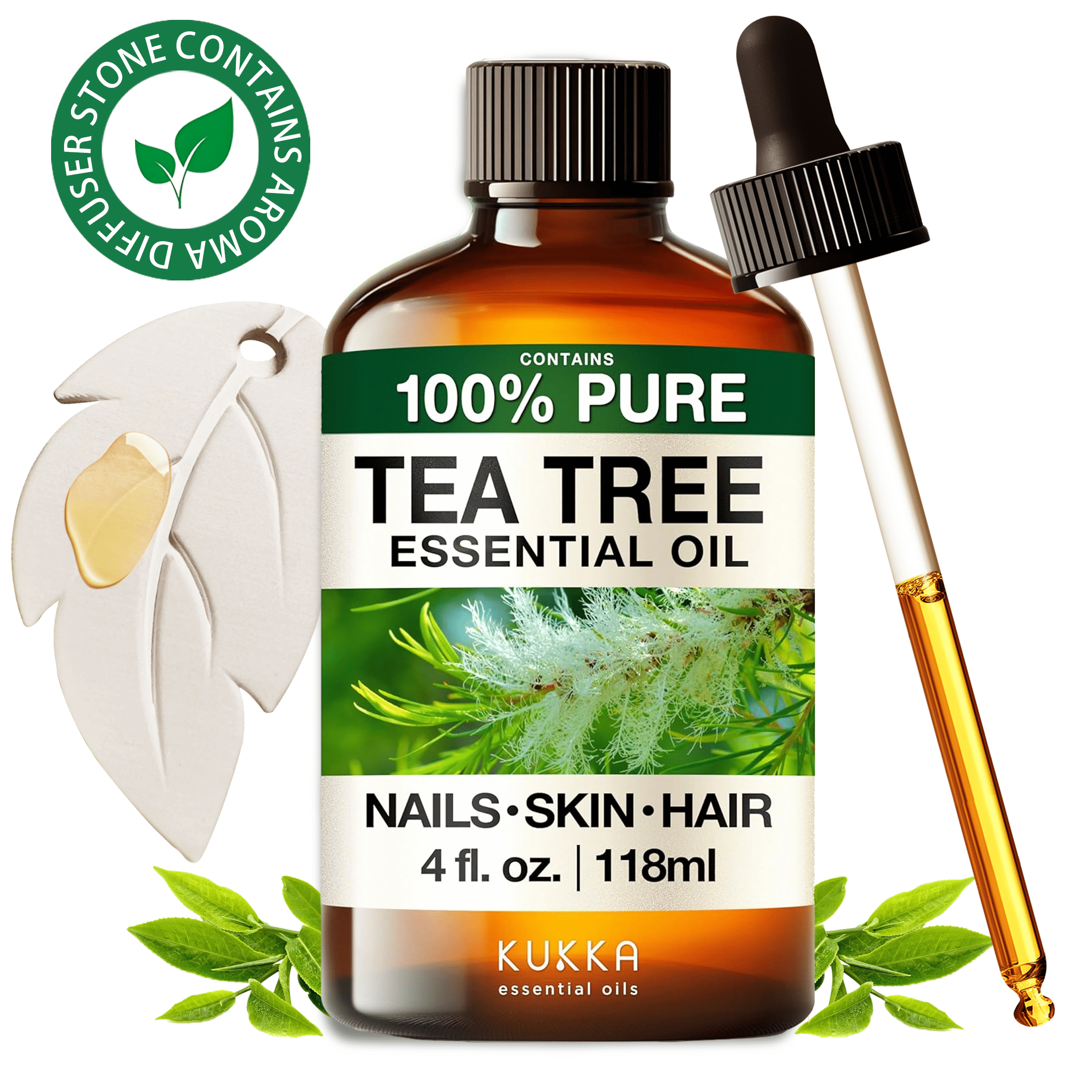 Aceite Esencial de Árbol de Té Kukka con Piedra de Aromaterapia - 100% Puro, Aroma Herbáceo Australiano para Cabello, Piel, Uñas y DIY - 4 fl oz