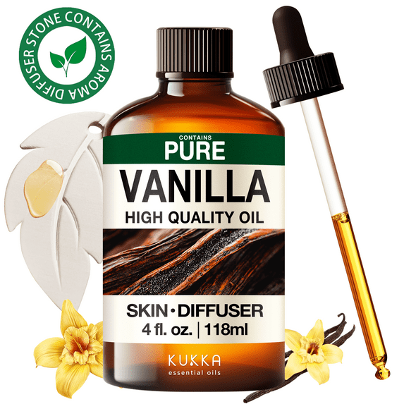 Kukka Vanilla Essential Oil with Aromatherapy Stone - 100% Pure Sweet Warm Scent for Diffuser, Skincare, Hair Care & DIY - 4 fl oz