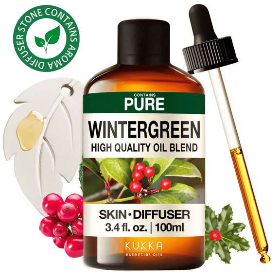Kukka Wintergreen Essential Oil with Aromatherapy Stone - 100% Pure Cool Minty Scent for Massage, Skincare, Diffuser & Active Lifestyles - 3.4 fl oz