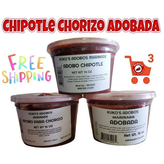 Kuko's Adobos Marinade Sauce Chili Paste 3 Pack 16 oz, Chipotle, Chorizo, and Adobada para Todo
