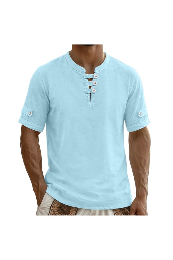 Big & Tall Men's Roll Tab Short Sleeve T-Shirts, Summer Regular Fit Henley Mandarin Neck Tops, Casual Partial Button Solid Plain Tee Tops for Office Vacation