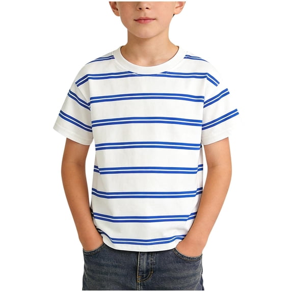 Kukoosong Boy's Striped Crew Neck T-Shirt, Kids Short Sleeve Casual Basic Tee Tops, Soft Breathable Summer Cotton Shirts