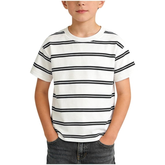 Kukoosong Boy's Striped Crew Neck T-Shirt, Kids Short Sleeve Casual Basic Tee Tops, Soft Breathable Summer Cotton Shirts