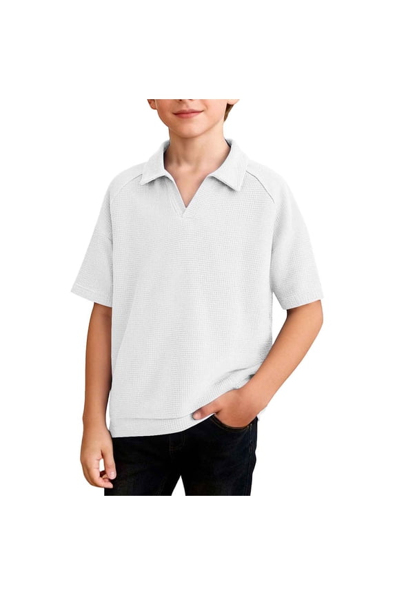 Boy's Waffle Knit V-Neck Polo Shirt, Kids Raglan Sleeve Collared Casual Tops, Solid Color Short Sleeve T-Shirt for Boys