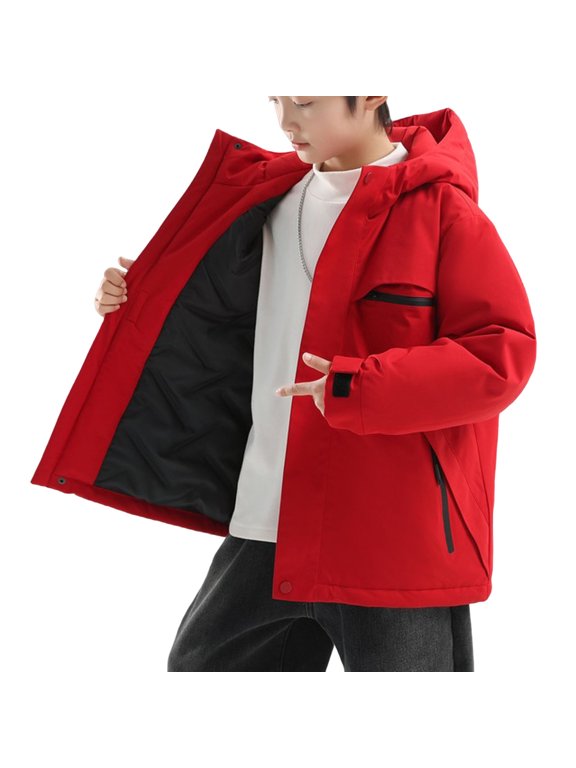 Boys Hooded Hardshell Jacket, Fall Winter Long Sleeve Multi‑Pocket Jacket, Casual Outerwear for Kids Outdoor Activities