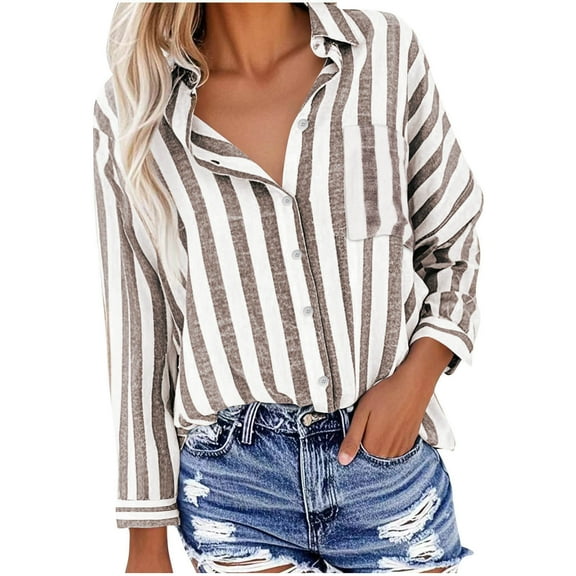 Kukoosong Button Down Stripe Print Shirts for Women Turndown Collar Shirt Business Casual Work Tops