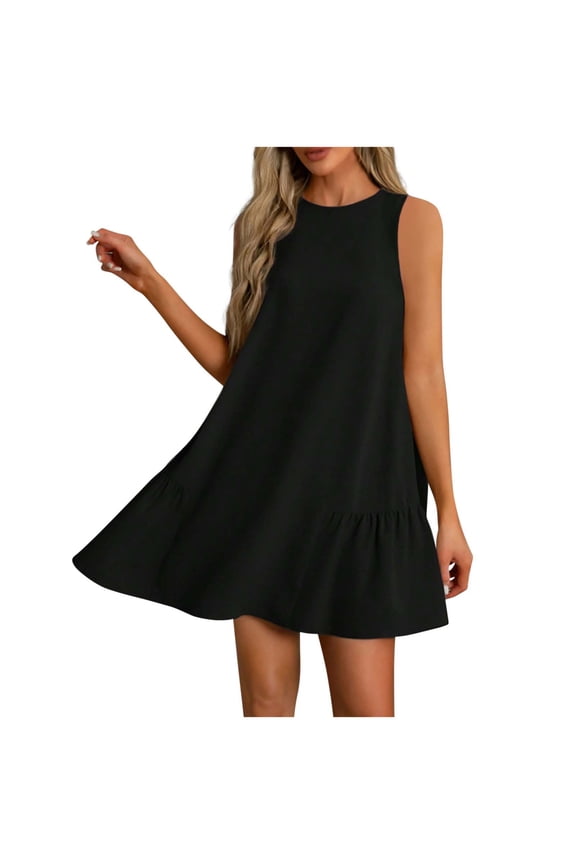 Dresses for Women Casual Summer Crew Neck Sleeveless A-Line Cocktail Dress with Button Down Hem and Pleated Back for Beach Vacation Wedding Guest Party Dresses