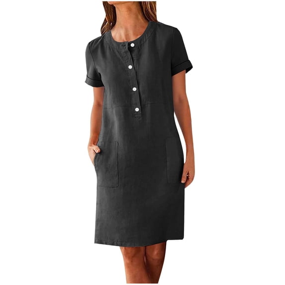 Kukoosong Dresses for Women Casual Summer Crew Neck Wedding Guest Short Sleeve Bodycon Slim Fit Mid-Length Dress with Pockets and Button Front for Beach Vacation Dresses
