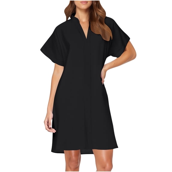 Kukoosong Dresses for Women Casual Summer Short Sleeve V-Neck Relaxed Fit Solid Color Shirt Dress Cocktail-Length Beach Party Vacation Dresses