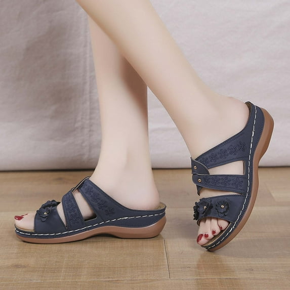 ELABCH Flat Sandals Women Flip Flops for Women Wedge Heel Fish Mouth Thick Sole Large Shoes Multi Color Embroidery Cool Drag Girl Navy Size 39