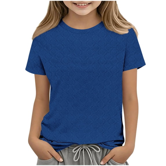 Kukoosong Girl's Eyelet Embossed Short Sleeve T-Shirt, Kids Crew Neck Casual Basic Solid Color Tee Tops, Soft Breathable Summer Blouse Shirts in Multiple Colors