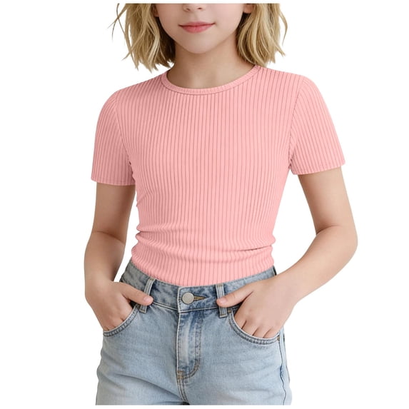 Kukoosong Girl's Ribbed Knit Form-Fitting T-Shirt, Kids Crew Neck Short Sleeve Tee, Stretchy Slim Fit Casual Everyday Summer Tops for Girls