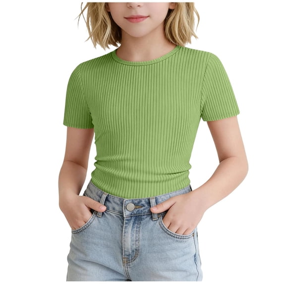 Kukoosong Girl's Ribbed Knit Form-Fitting T-Shirt, Kids Crew Neck Short Sleeve Tee, Stretchy Slim Fit Casual Everyday Summer Tops for Girls