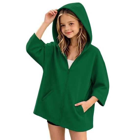 Kukoosong Girls 3/4 Sleeve Zip Up Hoodie Jacket, Loose Fit Casual Hooded Sweatshirt Coat with Side Pockets for Daily School Outdoor Activities