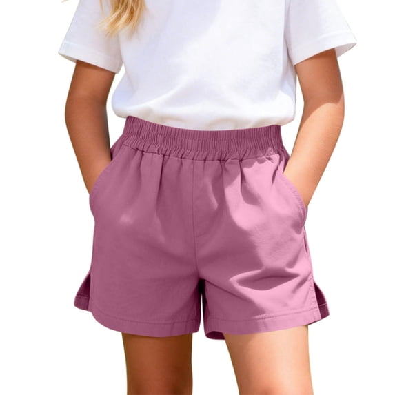 Kukoosong Girls' Casual Shorts with Pockets, Elastic Waist Loose Fit Cotton Shorts, Solid Color Summer Beach School Daily Wear Short Pants for Kids