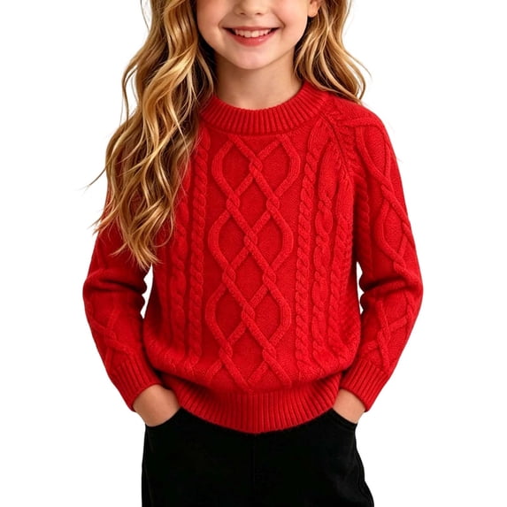 Kukoosong Girls Crew Neck Cable Knit Sweater, Fall Winter Long Sleeve Raglan Pullover Jumper, Soft Thick Knit Tops for Kids Thanksgiving Casual Daily Layering Outfits