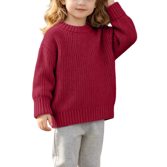 Kukoosong Girls' Crew Neck Chunky Knit Sweater, Oversized Long Sleeve Solid Color Pullover Tops, Soft Warm Ribbed Cuff Hem Casual Knit Shirt for Kids Daily School Fall Winter Wear
